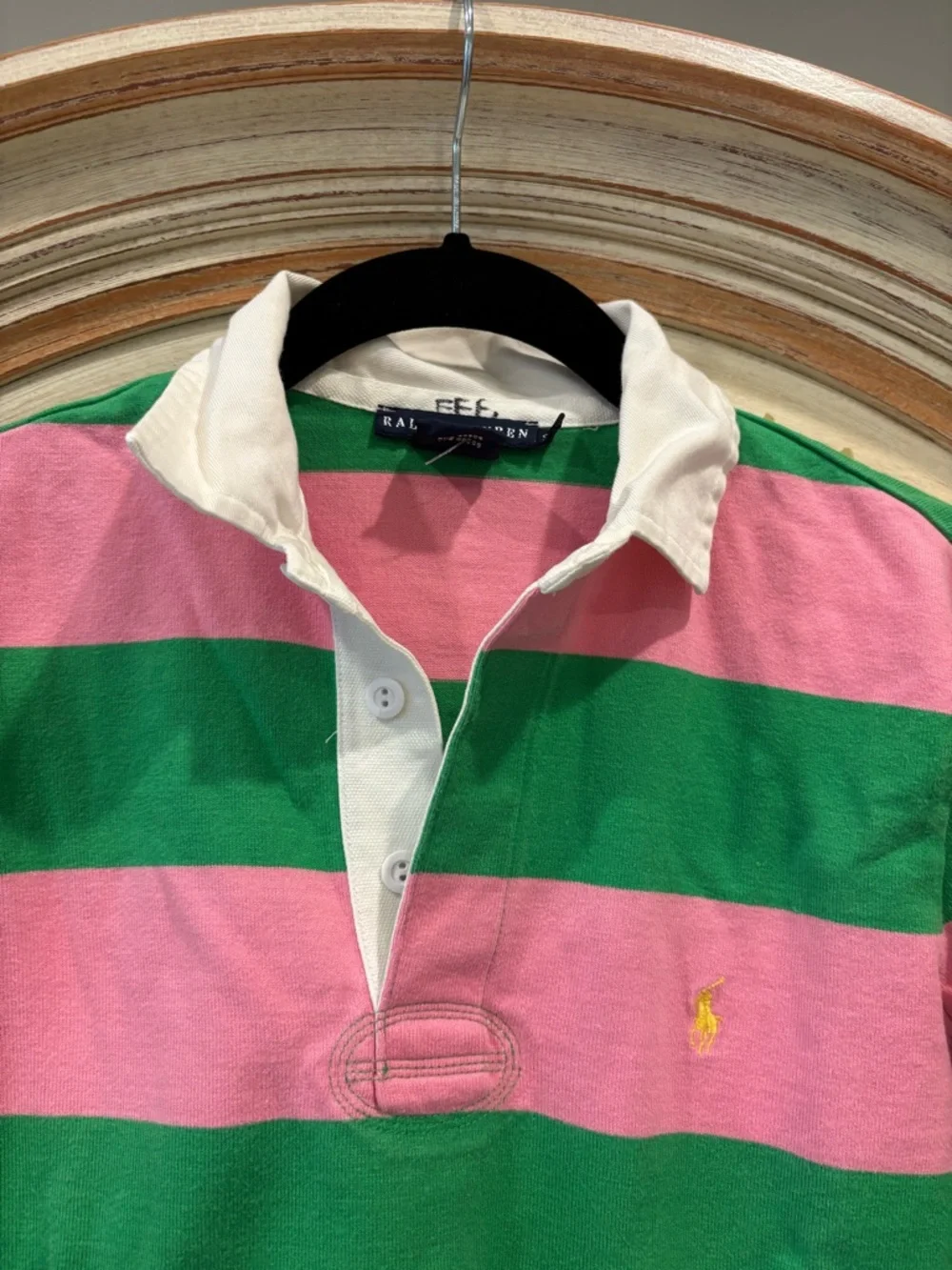 Ralph Lauren Blue Label Women’s Rugby Shirt Green and pink stripe size small - Picture 3 of 5